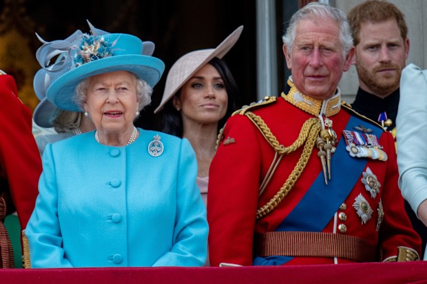 Queen Elizabeth II, Meghan Markle, King Charles and Prince Harry