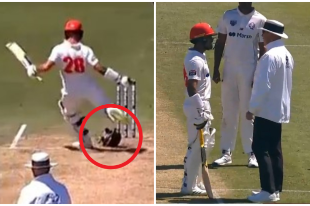 South Australia batter Jake Weatherald kicks a Queensland helmet away, and gets in trouble.