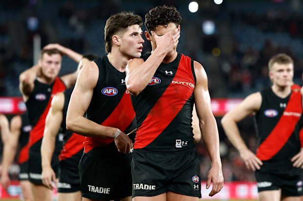 Jye Caldwell of the Bombers looks dejected after their loss to St Kilda in round 20, 2024.