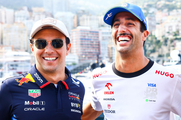 Sergio Perez (from left) of Mexico and Red Bull Racing with Daniel Ricciardo of RB and Max Verstappen of the Netherlands and Red Bull Racing at the Monaco Grand Prix. 