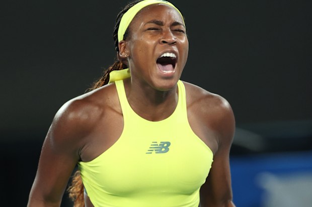 Coco Gauff of the United States reacts against Jodie Burrage of Great Britain.