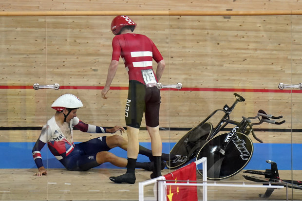 Great Britain's Charlie Tanfield and Denmark's Frederik Madsen after their crash.