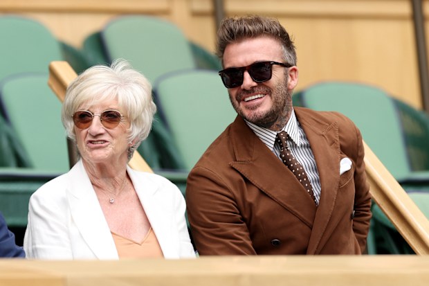 LONDON, ENGLAND - JULY 06: Sandra Beckham and David Beckham watch on from the royal box prior to the match between Rafael Nadal of Spain and Taylor Fritz of The United States during their Men's Singles Quarter Final match on day ten of The Championships Wimbledon 2022 at All England Lawn Tennis and Croquet Club on July 06, 2022 in London, England. (Photo by Clive Brunskill/Getty Images)