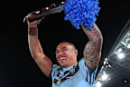 Tyson Frizell lifts the shield after winning the 2019 State of Origin series with the NSW Blues.