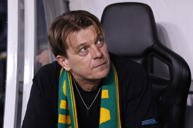 Tony Gustavsson, Head coach of Australia looks on in match between Australia Matildas and Uzbekistan. (Photo by Darrian Traynor/Getty Images)