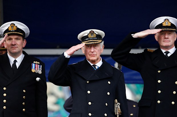 L-R: Commander Will Peters, Prince Charles, Captain Roger Readwin at Britannia Royal Naval College, Dartmouth