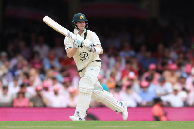 Steve Smith of Australia bats on Jane McGrath Day during day three of the Men's Third Test Match in the series between Australia and Pakistan at Sydney Cricket Ground on January 05, 2024 in Sydney, Australia. (Photo by Mark Evans/Getty Images)