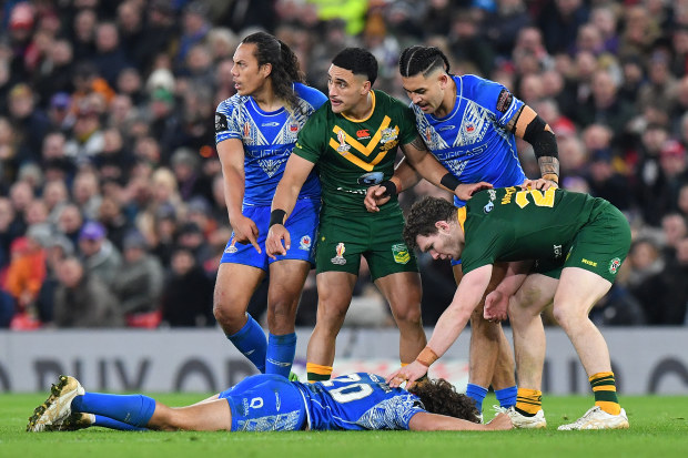 Samoa's Chanel Harris-Tavita lays motionless during the Rugby League World Cup Final match between Australia and Samoa at Old Trafford on November 19, 2022 in Manchester, England. (Photo by Dave Howarth - CameraSport via Getty Images)