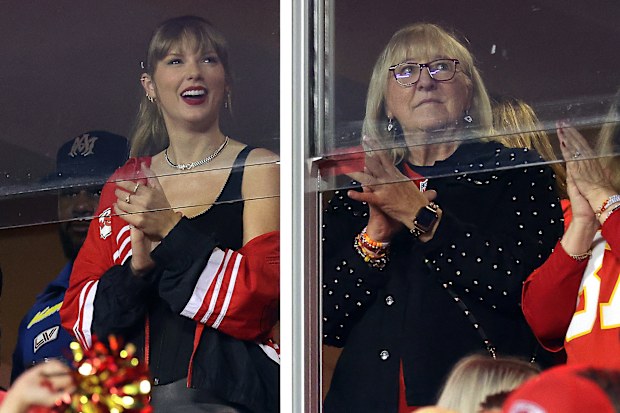 Taylor Swift and Donna Kelce cheer at the game between the Kansas City Chiefs and the Denver Broncos at GEHA Field at Arrowhead Stadium on October 12, 2023 in Kansas City, Missouri. (Photo by Jamie Squire/Getty Images)