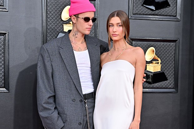 Justin Bieber and Hailey Bieber attend the 64th Annual GRAMMY Awards at MGM Grand Garden Arena on April 03, 2022 in Las Vegas, Nevada. 