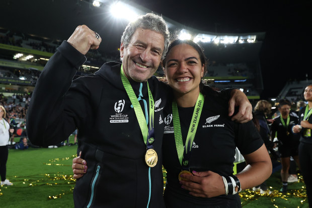 Wayne Smith and Stacey Fluhler of New Zealand celebrate after winning the Rugby World Cup.