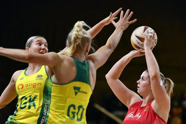 CAPE TOWN, SOUTH AFRICA - AUGUST 03: Sarah Klau of Australia and Eleanor Cardwell of England during the Netball World Cup 2023, Pool F match between Australia and England at Cape Town International Convention Centre Court 1 on August 03, 2023 in Cape Town, South Africa. (Photo by Ashley Vlotman/Gallo Images/Netball World Cup 2023 via Getty Images)
