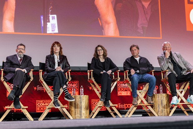 Judd Nelson, Molly Ringwald, Ally Sheedy, Emilio Estèvez and Anthony Michael Hall during C2E2 on the main stage for the "Dont You Forget About Me: The Breakfast Club 40th Anniversary Reunion"