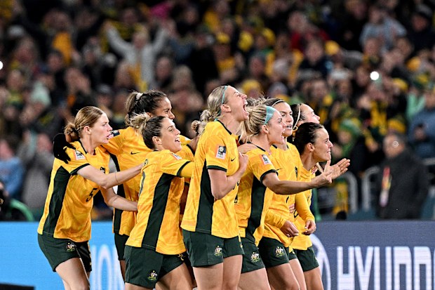 SYDNEY, AUSTRALIA - JULY 20: Steph Catley of the Matildas celebrates with her team mates after scoring a goal during the FIFA Women's World Cup Australia & New Zealand 2023 Group B match between Australia and Ireland at Stadium Australia on July 20, 2023 in Sydney, Australia. (Photo by Bradley Kanaris/Getty Images)