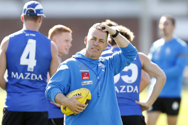 MELBOURNE, AUSTRALIA - AUGUST 02: Alastair Clarkson, North Melbourne Senior coach is seen before a North Melbourne Kangaroos AFL training session at Arden Street Ground on August 02, 2023 in Melbourne, Australia. (Photo by Darrian Traynor/Getty Images)