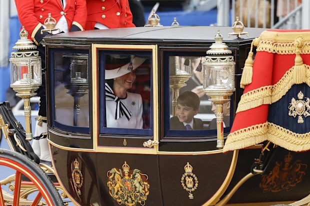 Catherine, Princess of Wales and Prince Louis of Wales during Trooping the Colour at Horse Guards Parade on June 15, 2024 in London, England. 