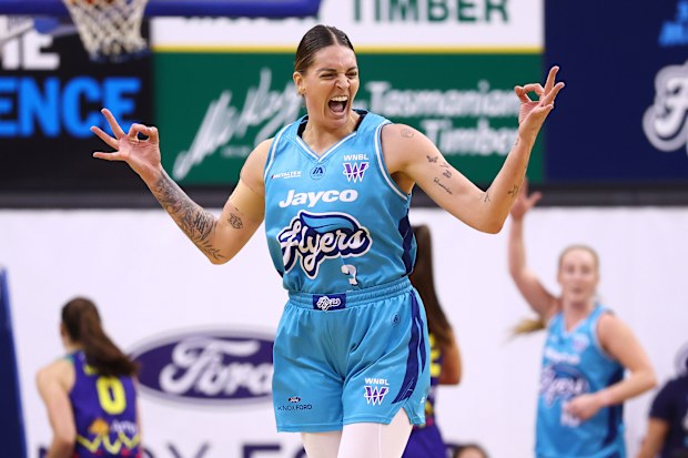 MELBOURNE, AUSTRALIA - FEBRUARY 18: Cayla George of the Flyers celebrates a three pointer during game two of the WNBL Semi Final series between Southside Flyers and Townsville Fire at State Basketball Centre on February 18, 2026 in Melbourne, Australia. (Photo by Daniel Pockett/Getty Images)
