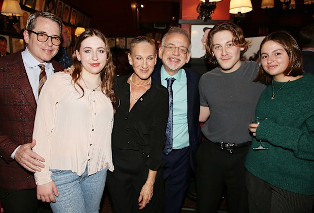 NEW YORK, NEW YORK - JANUARY 26: (L-R) Matthew Broderick, Marion Loretta Elwell Broderick, Sarah Jessica Parker, Marc Shaiman, James Wilkie Broderick and Tabitha Hodge Broderick pose at a book release party for Marc Shaiman's new book "Never Mind the Happy" at Sardi's on January 26, 2026 in New York City. (Photo by Bruce Glikas/Getty Images)