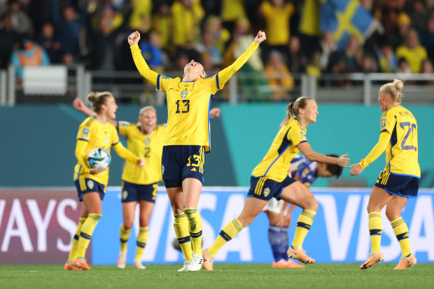 AUCKLAND, NEW ZEALAND - AUGUST 11: Amanda Ilestedt of Sweden celebrates her team's 2-1 victory and advance to the semi final following the FIFA Women's World Cup Australia & New Zealand 2023 Quarter Final match between Japan and Sweden at Eden Park on August 11, 2023 in Auckland, New Zealand. (Photo by Phil Walter/Getty Images)