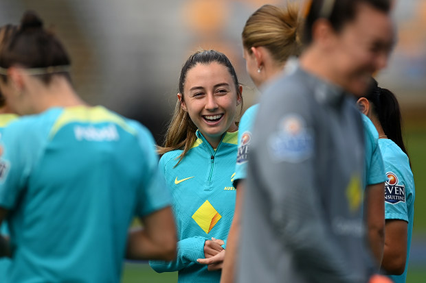 BRISBANE, AUSTRALIA - JULY 18: Clare Wheeler is seen during a Matildas training session ahead of the FIFA Women's World Cup Australia & New Zealand 2023 Group B match between Australia and Ireland at Queensland Sport and Athletics Centre on July 18, 2023 in Brisbane, Australia. (Photo by Albert Perez/Getty Images)