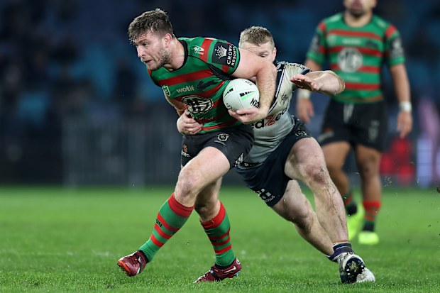 SYDNEY, AUSTRALIA - JULY 23: Jai Arrow of the Rabbitohs runs with ball during the round 19 NRL match between the South Sydney Rabbitohs and the Melbourne Storm at Stadium Australia, on July 23, 2022, in Sydney, Australia. (Photo by Scott Gardiner/Getty Images)