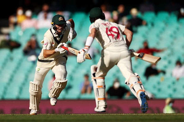 Marnus Labuschagne of Australia runs between the wickets.