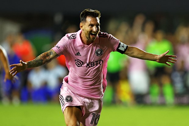 FORT LAUDERDALE, FLORIDA - JULY 21: Lionel Messi #10 of Inter Miami CF celebrates after kicking the game winning goal during the second half of the Leagues Cup 2023 match between Cruz Azul and Inter Miami CF at DRV PNK Stadium on July 21, 2023 in Fort Lauderdale, Florida. (Photo by Mike Ehrmann/Getty Images)