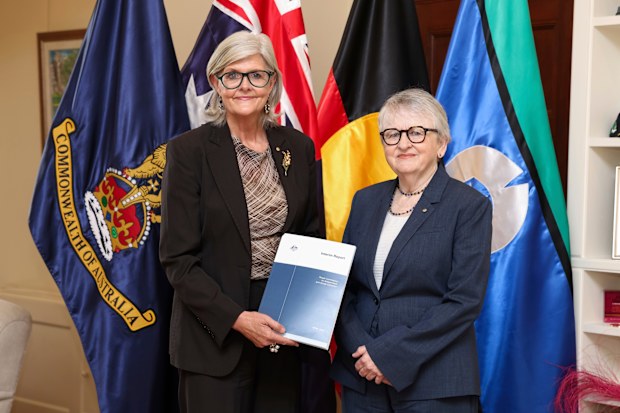 Governor-General Sam Mostyn receives the Interim Report from the Royal Commission on Antisemitism and Social Cohesion from Virginia Bell, Commissioner for the Royal Commission on Antisemitism and Social Cohesion, at Government House in Canberra on Thursday 30 April 2026. fedpol Photo: Alex Ellinghausen
