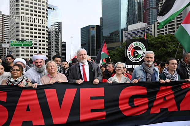 Pro-Palestine protesters march across the Sydney Harbour Bridge to bring attention to the ongoing Israel bombing and aid restrictions to Gaza. 3 August 2025 Photo: Janie Barrett
