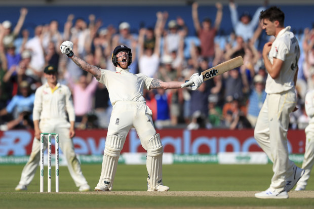 England's Ben Stokes celebrates winning the third Ashes Test match at Headingley, Leeds, 2019.