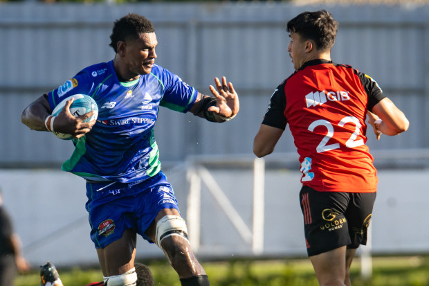 Kitione Salawa with the ball during the round three Super Rugby Pacific match between Fiji Drua and Crusaders.