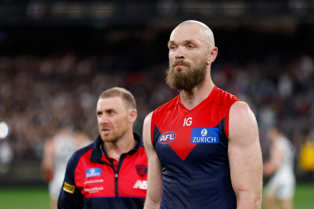 MELBOURNE, AUSTRALIA - SEPTEMBER 15: Max Gawn of the Demons looks dejected after a loss  during the 2023 AFL First Semi Final match between the Melbourne Demons and the Carlton Blues at Melbourne Cricket Ground on September 15, 2023 in Melbourne, Australia. (Photo by Dylan Burns/AFL Photos via Getty Images)