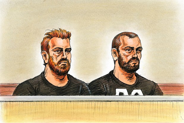 A supplied courtroom colourised sketch shows Matthew Raoul White (left) and Jack Gibson-Burrell at the Melbourne Magistrates Court