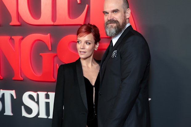 Lily Allen and David Harbour attend the "Stranger Things: The First Shadow" World Premiere at the Phoenix Theatre on December 14, 2023 in London, England.