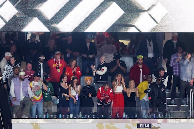 LAS VEGAS, NEVADA - FEBRUARY 11: (L-R) Actor Miles Teller, singer Lana Del Rey, singer Ice Spice, singer Taylor Swift, and actress Blake Lively react in overtime during Super Bowl LVIII between the San Francisco 49ers and Kansas City Chiefs at Allegiant Stadium on February 11, 2024 in Las Vegas, Nevada. (Photo by Michael Reaves/Getty Images)