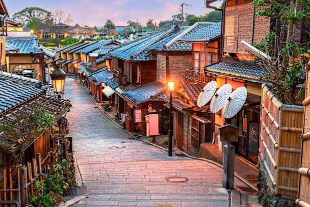 Kyoto, Japan at twilight in Higashiyama at dawn.