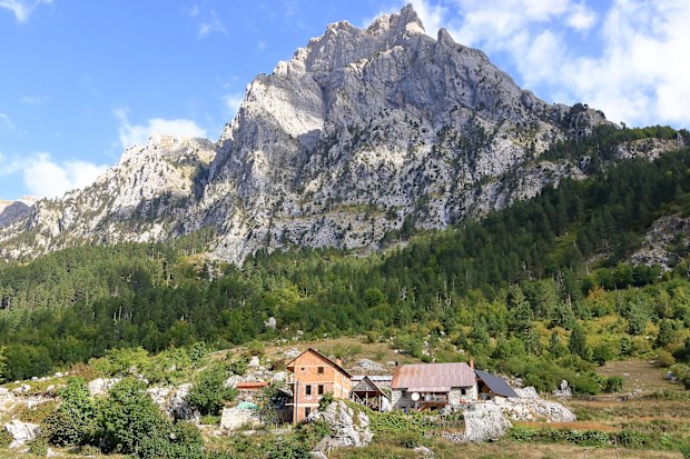 Panoramic view of raw mountain landscapes from the Albanian Alps between Theth and Valbona in Albania