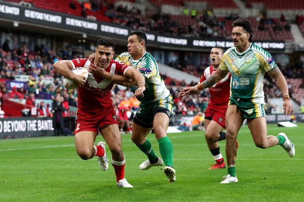 Will Penisini of Tonga goes over to score their sides fifteenth try during Rugby League World Cup 2021 Pool D match between Tonga and Cook Islands at Riverside Stadium on October 30, 2022 in Middlesbrough, England. (Photo by George Wood/Getty Images for RLWC)