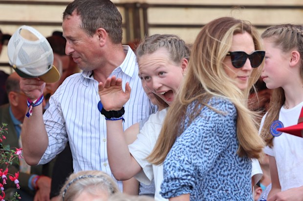 BADMINTON, GLOUCESTERSHIRE - MAY 12: Queen Camilla speaks with Peter Phillips and Harriet Sperling on The Final Day Of The Badminton Horse Trials 2024 at Badminton House on May 12, 2024 in Badminton, Gloucestershire. (Photo by Chris Jackson - Pool//Getty Images)