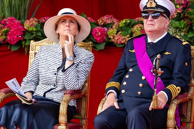 BRUSSELS, BELGIUM - JULY 21: Princess Claire and Prince Laurent of Belgium attend the military and civil parade during the Belgian national day on July 21, 2025 in Brussels, Belgium.  (Photo by Geert Vanden Wijngaert/Getty Images)