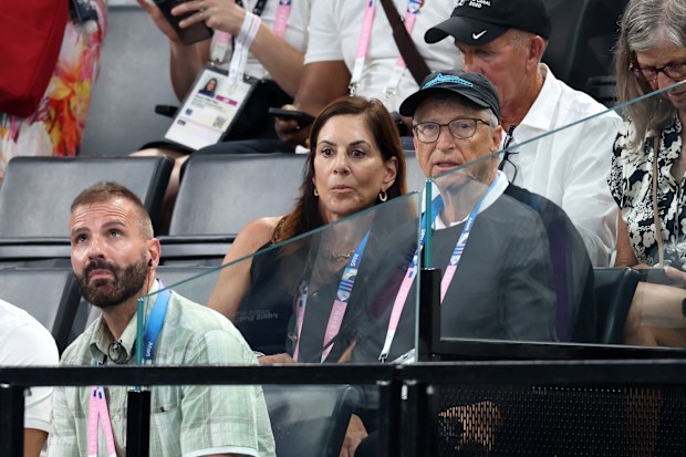 PARIS, FRANCE - AUGUST 01: Bill Gates and Paula Hurd are seen during the Artistic Gymnastics Women's All-Around Final on day six of the Olympic Games Paris 2024 at Bercy Arena on August 01, 2024 in Paris, France. (Photo by Pascal Le Segretain/Getty Images)