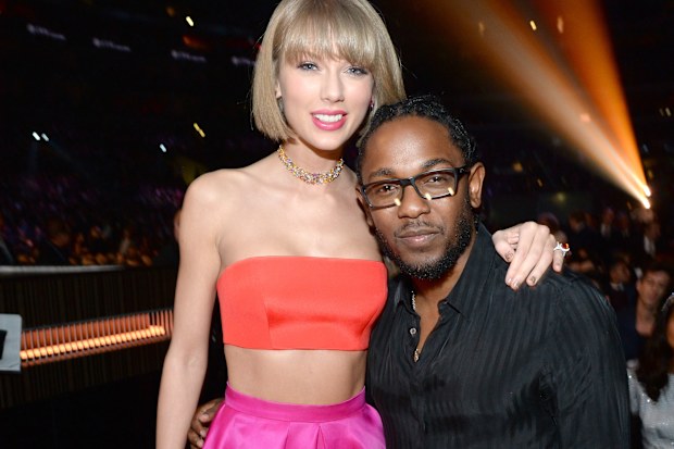 Taylor Swift and Kendrick Lamar attends The 58th GRAMMY Awards at Staples Center on February 15, 2016 in Los Angeles, California.