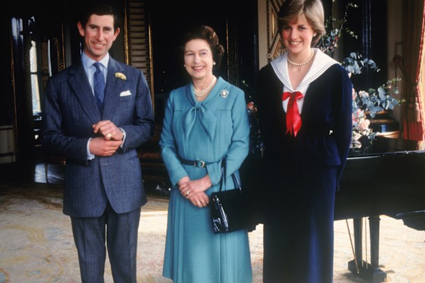 Prince Charles and Lady Diana Spencer (later Princess Diana) with Queen Elizabeth II at Buckingham Palace, 1981.