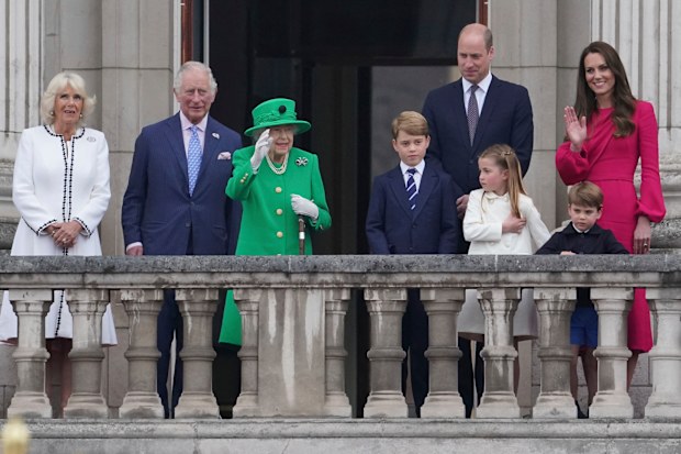 FILE From left, Camilla Duchess of Cornwall, Prince Charles, Queen Elizabeth II, Prince George, Prince William, Princess Charlotte, Prince Louis, and Kate, Duchess of Cambridge appear on the balcony of Buckingham Palace during the Platinum Jubilee Pageant outside Buckingham Palace in London, Sunday June 5, 2022. The death of Queen Elizabeth II means the younger generation of Britains royal family must step up their responsibilities significantly. (Jonathan Brady/Pool Photo via AP, File)