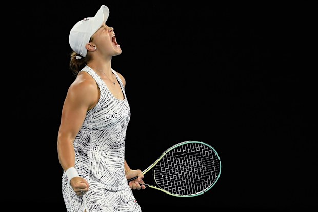 Ash Barty of Australia celebrates after defeating Danielle Collins of the U.S., in the women's singles final at the Australian Open tennis championships in Saturday, Jan. 29, 2022, in Melbourne, Australia.