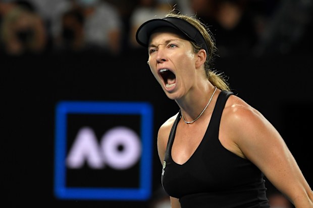 Danielle Collins celebrates after winning a point against Ash Barty during the women's singles final at the Australian Open.