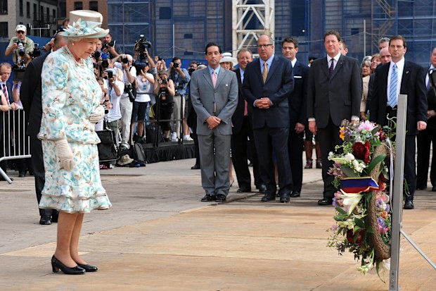 Queen Elizabeth II lays a wreath at the site of the World Trade Centre, in New York City, for the victims of 9/11 in 2010. (Photo by John Stillwell/PA Images via Getty Images)