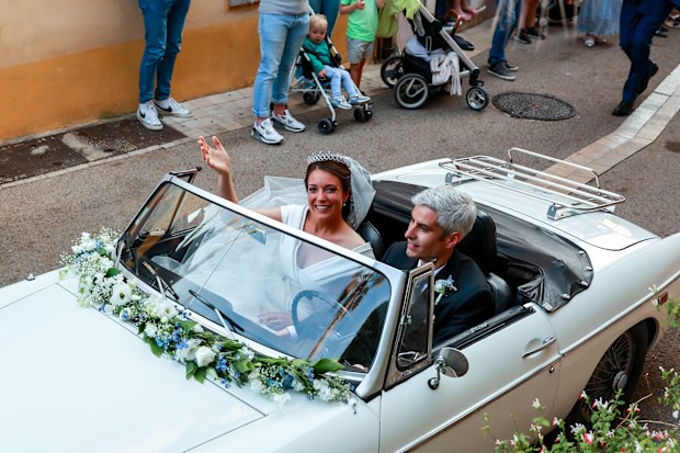 BORMES-LES-MIMOSAS, FRANCE - APRIL 29: Her Royal Highness Alexandra of Luxembourg & Nicolas Bagory leave their religious wedding on April 29, 2023 in Bormes-les-Mimosas, France. (Photo by Arnold Jerocki/Getty Images)