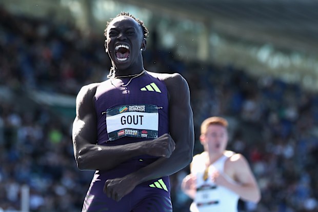 SYDNEY, AUSTRALIA - APRIL 12: Gout Gout of Queensland celebrates breaking the World Junior Record and Australian Record and a PB to win the Men's 200m final during the 2026 Australian Athletics Championships at Sydney Olympic Park Athletic Centre on April 12, 2026 in Sydney, Australia. (Photo by Cameron Spencer/Getty Images)