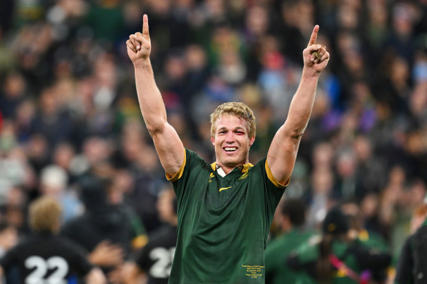 Pieter-Steph Du Toit of South Africa celebrates following the team's victory.